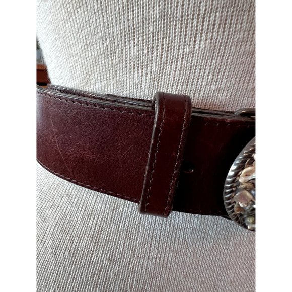 Avignon Designer Brown Leather Belt Silver Belt Buckle Rock Mosaic Design / Cowb - Picture 3 of 9
